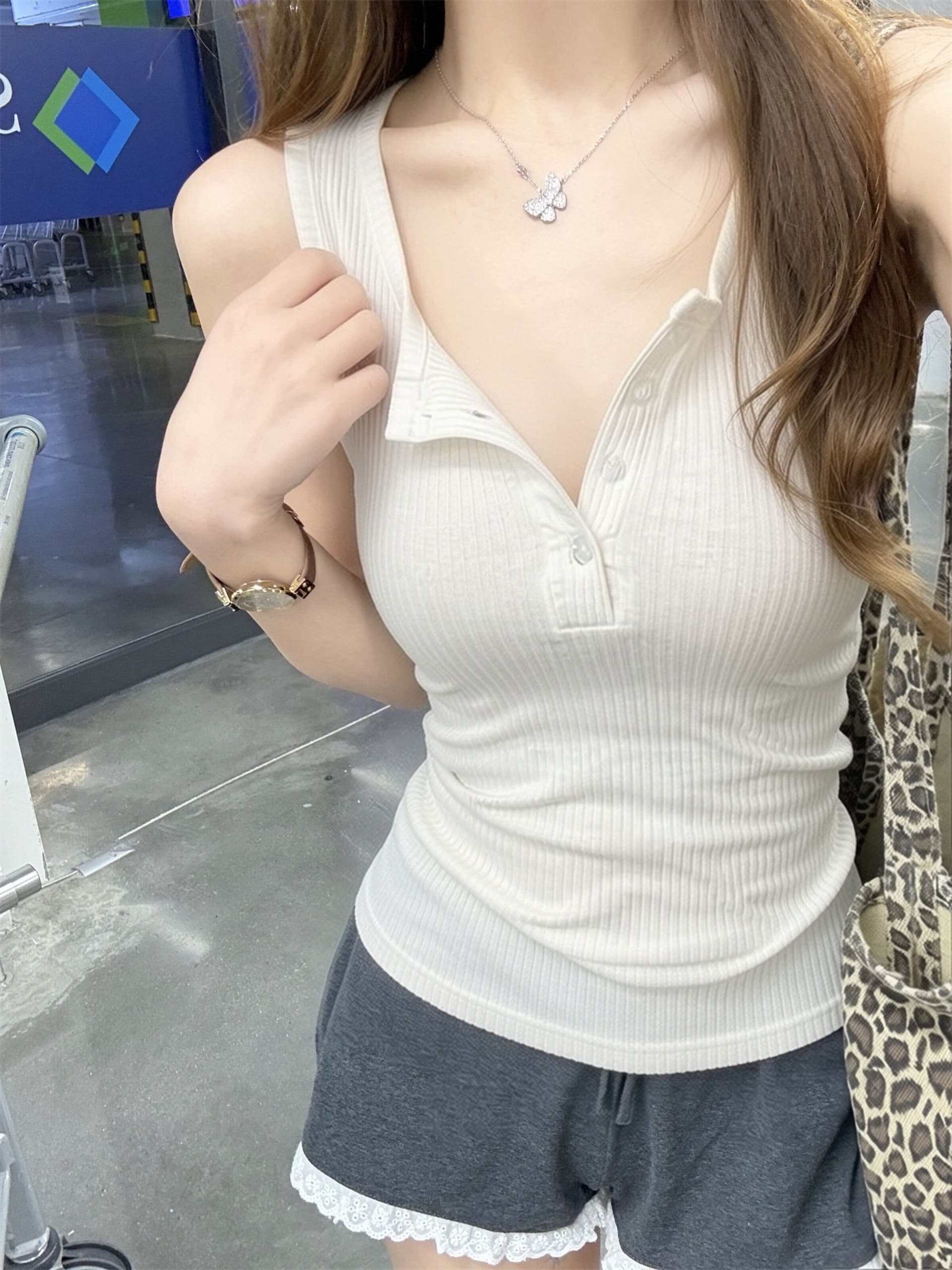 광장 칼라 캐미솔 정장 인사이드 가져 가라. 표지 대리인 우유 만나는 맨위 여름 외출용 얇은 스타일 니트 민소매 티셔츠 상세 이미지 11