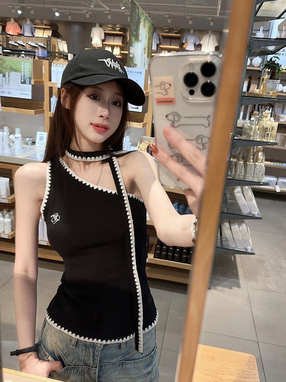 와 사고 방식 달콤한 핫걸 리본 배색 비스듬한 어깨 캐미솔 여름 알파벳 자수 민소매 맨위 상세 이미지 8