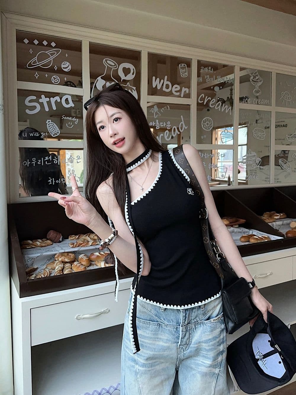 와 사고 방식 달콤한 핫걸 리본 배색 비스듬한 어깨 캐미솔 여름 알파벳 자수 민소매 맨위 상세 이미지 9