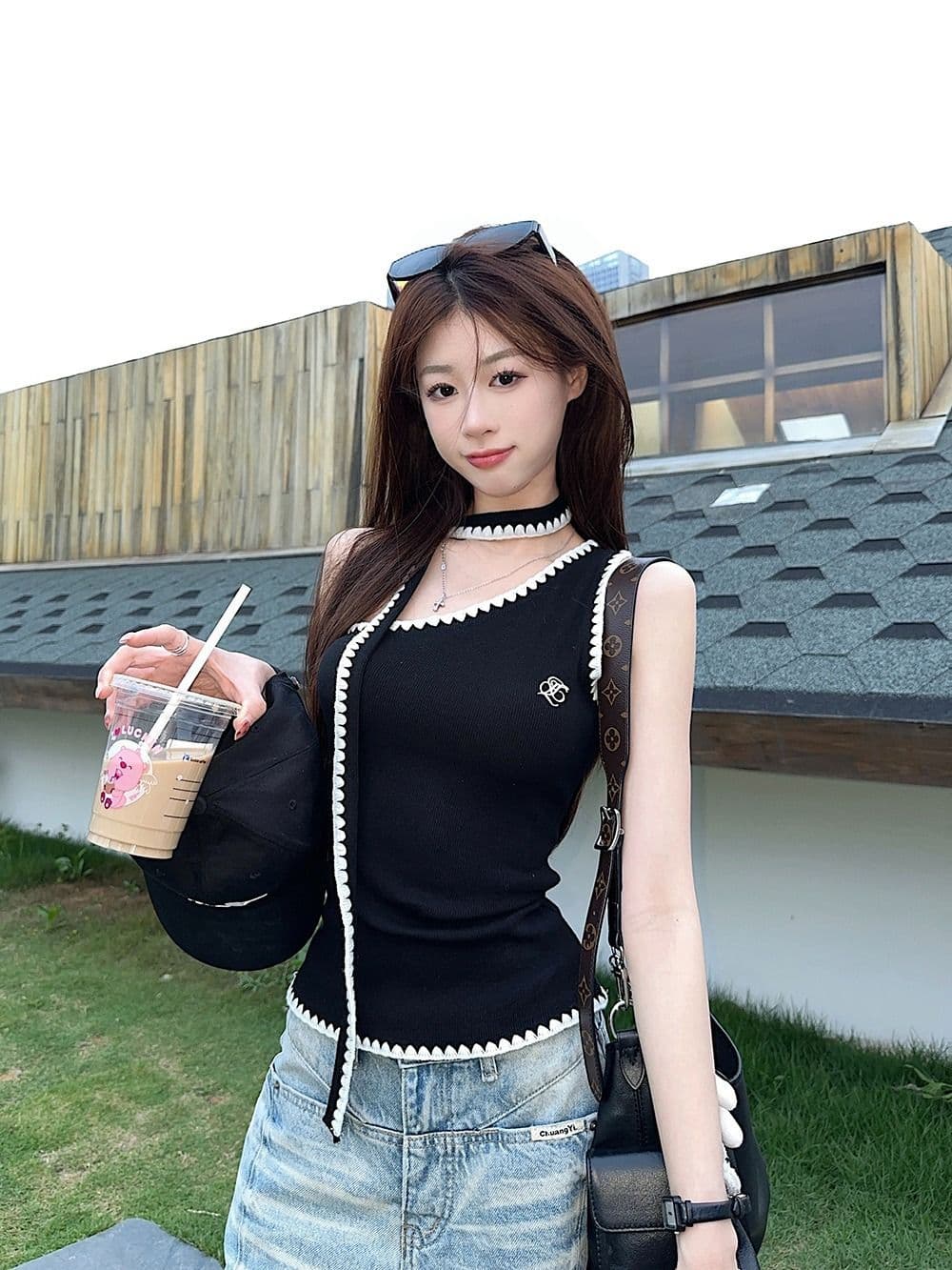 와 사고 방식 달콤한 핫걸 리본 배색 비스듬한 어깨 캐미솔 여름 알파벳 자수 민소매 맨위 상세 이미지 11
