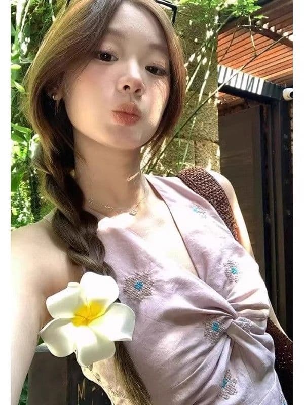 한 스타일 보라색 비틀림 캐미솔 여름 새로운 꽃무늬 달콤한 핫걸 품격 다용도 연령 감소 행침 목 맨위 이미지 2