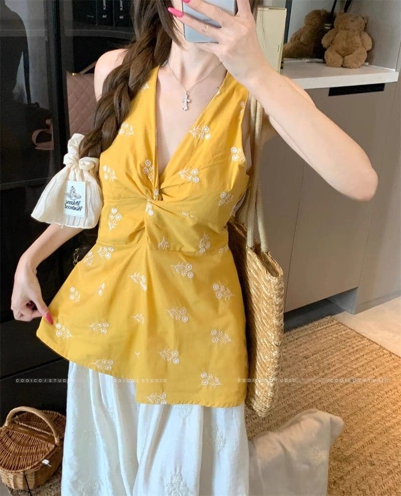 한 스타일 보라색 비틀림 캐미솔 여름 새로운 꽃무늬 달콤한 핫걸 품격 다용도 연령 감소 행침 목 맨위 이미지 3