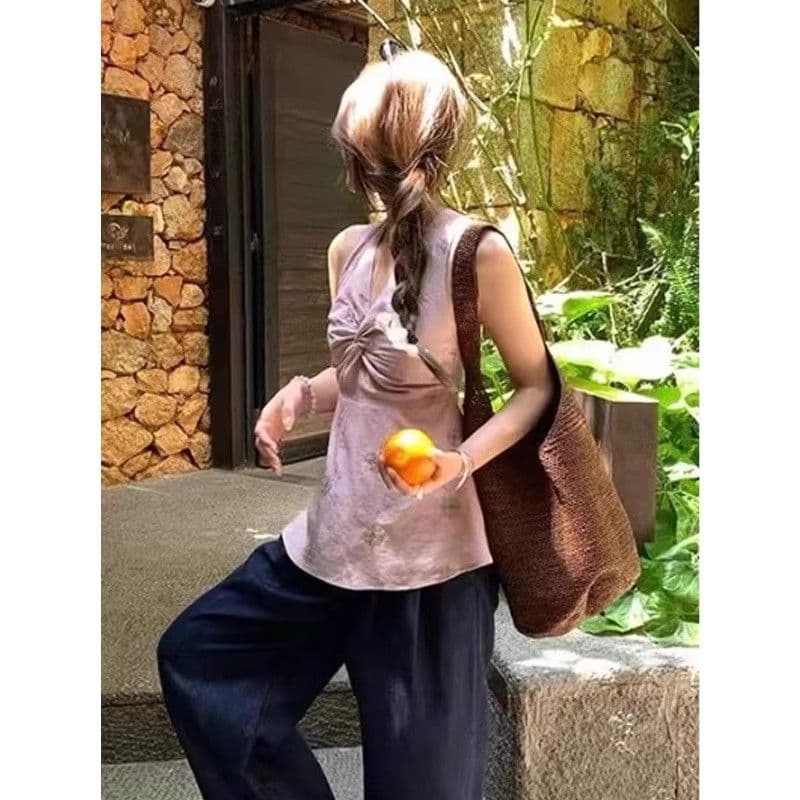 한 스타일 보라색 비틀림 캐미솔 여름 새로운 꽃무늬 달콤한 핫걸 품격 다용도 연령 감소 행침 목 맨위 상세 이미지 2