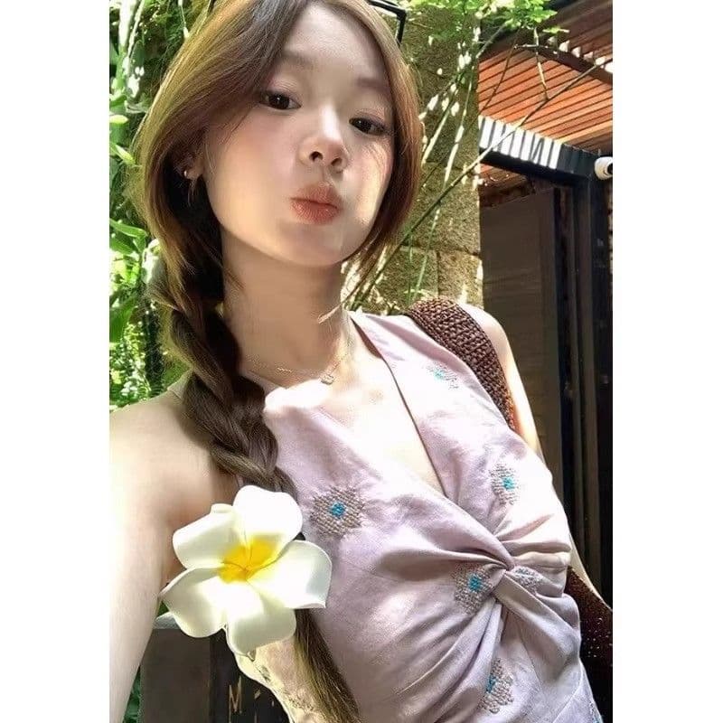 한 스타일 보라색 비틀림 캐미솔 여름 새로운 꽃무늬 달콤한 핫걸 품격 다용도 연령 감소 행침 목 맨위 상세 이미지 5