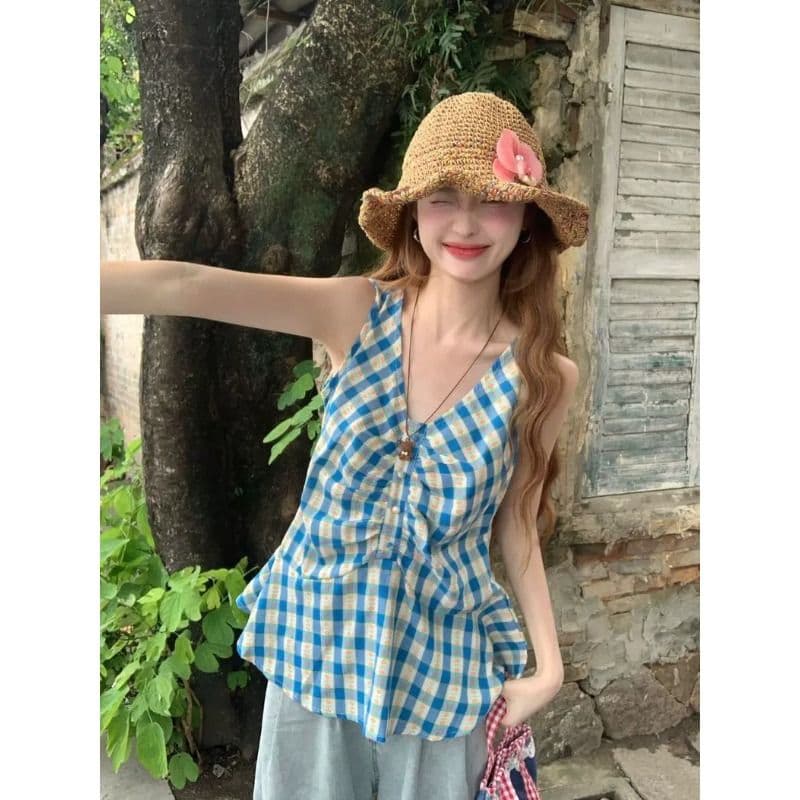 순면 셔틀 직물 한 부서 달콤함 체크무늬 조끼 여성 여름 허리 수축 슬림해 보이는 주름 배색 V넥 작은 맨위