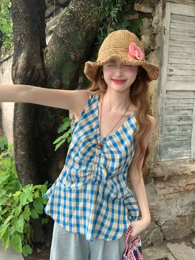 순면 셔틀 직물 한 부서 달콤함 체크무늬 조끼 여성 여름 허리 수축 슬림해 보이는 주름 배색 V넥 작은 맨위 상세 이미지 2