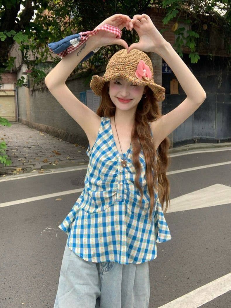 순면 셔틀 직물 한 부서 달콤함 체크무늬 조끼 여성 여름 허리 수축 슬림해 보이는 주름 배색 V넥 작은 맨위 상세 이미지 4