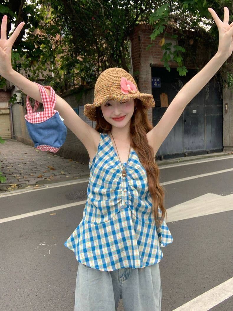 순면 셔틀 직물 한 부서 달콤함 체크무늬 조끼 여성 여름 허리 수축 슬림해 보이는 주름 배색 V넥 작은 맨위 상세 이미지 5