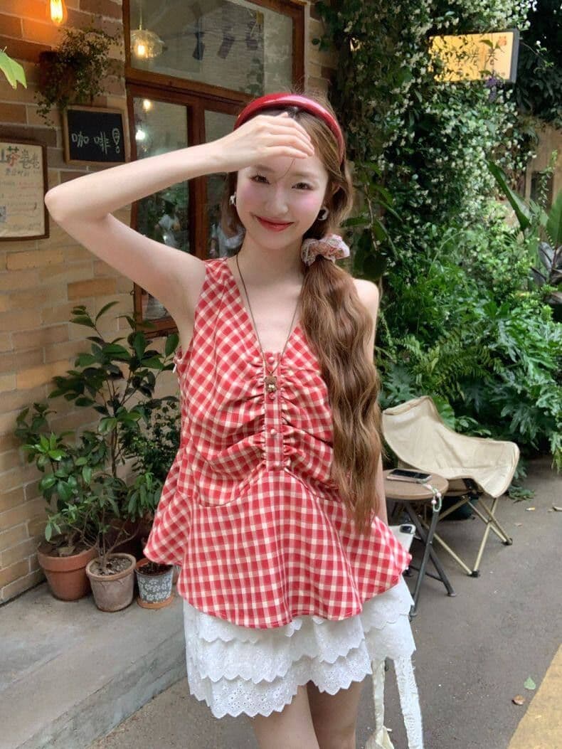 순면 셔틀 직물 한 부서 달콤함 체크무늬 조끼 여성 여름 허리 수축 슬림해 보이는 주름 배색 V넥 작은 맨위 상세 이미지 6