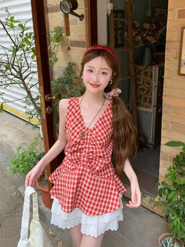 순면 셔틀 직물 한 부서 달콤함 체크무늬 조끼 여성 여름 허리 수축 슬림해 보이는 주름 배색 V넥 작은 맨위 상세 이미지 7