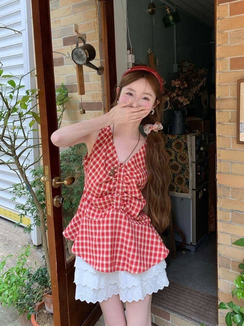 순면 셔틀 직물 한 부서 달콤함 체크무늬 조끼 여성 여름 허리 수축 슬림해 보이는 주름 배색 V넥 작은 맨위 상세 이미지 8