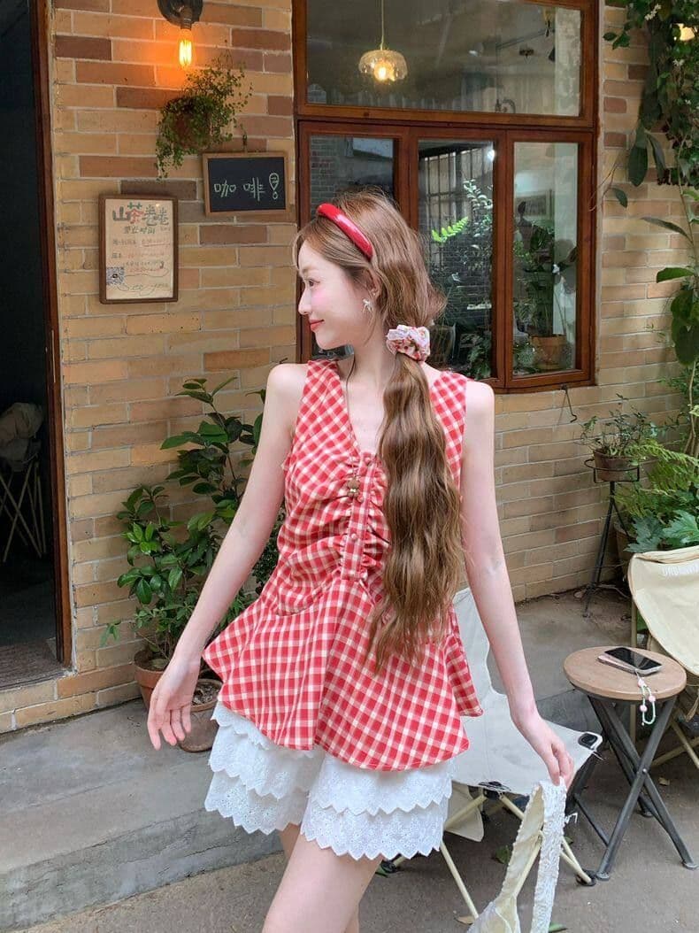 순면 셔틀 직물 한 부서 달콤함 체크무늬 조끼 여성 여름 허리 수축 슬림해 보이는 주름 배색 V넥 작은 맨위 상세 이미지 10