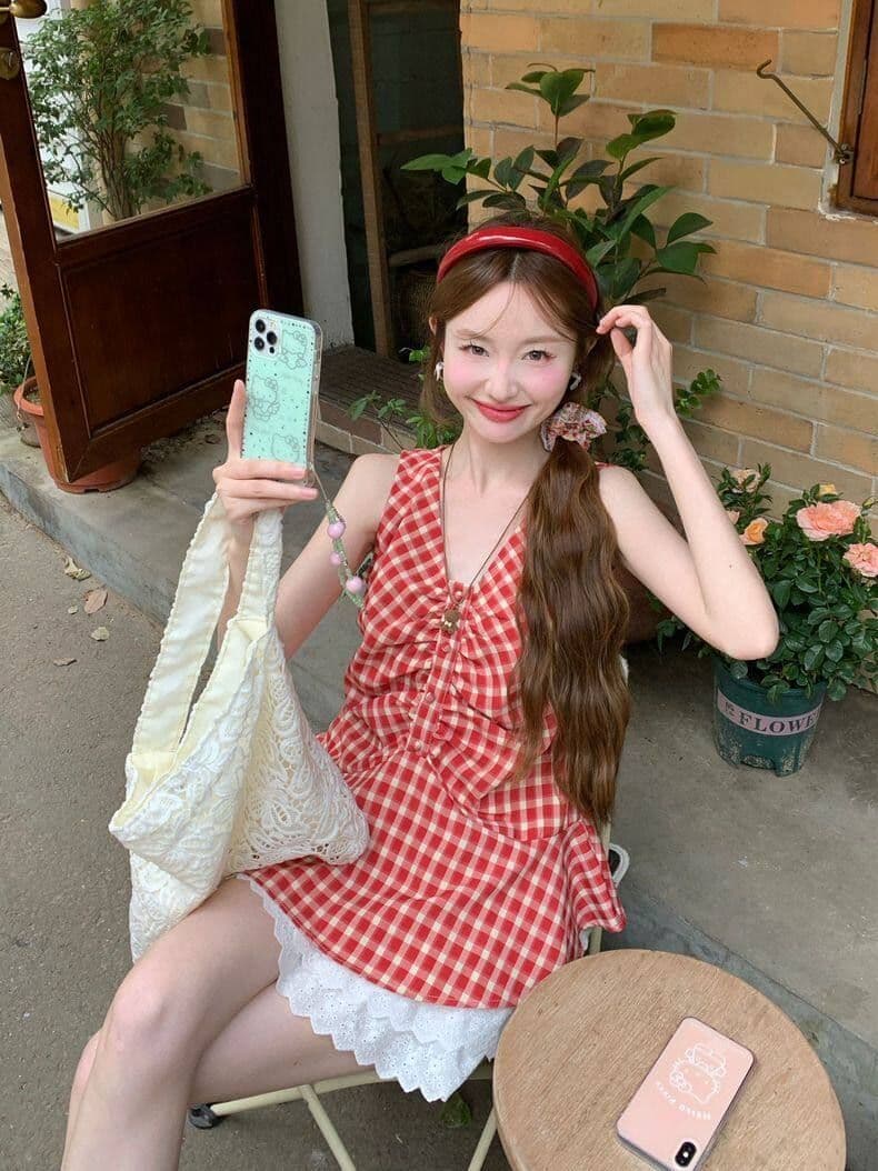 순면 셔틀 직물 한 부서 달콤함 체크무늬 조끼 여성 여름 허리 수축 슬림해 보이는 주름 배색 V넥 작은 맨위 상세 이미지 11