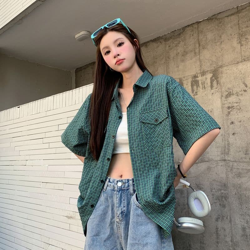 아메리칸 레트로 막대기 가방 격자 무늬 셔츠 여름 얇은 스타일 여성 루즈핏 다용도 셔츠 반팔 소년 센스 오픈 가디건 맨위 이미지 2