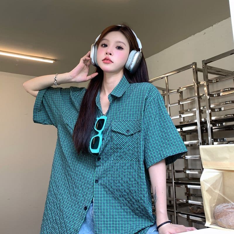 아메리칸 레트로 막대기 가방 격자 무늬 셔츠 여름 얇은 스타일 여성 루즈핏 다용도 셔츠 반팔 소년 센스 오픈 가디건 맨위 이미지 5