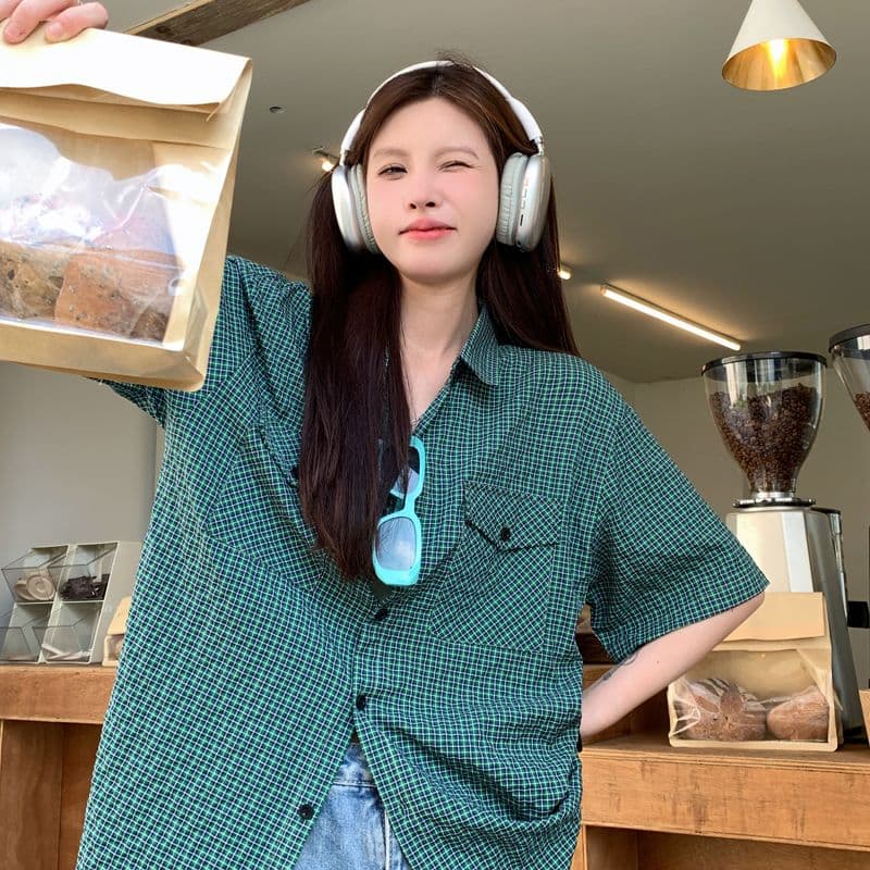 아메리칸 레트로 막대기 가방 격자 무늬 셔츠 여름 얇은 스타일 여성 루즈핏 다용도 셔츠 반팔 소년 센스 오픈 가디건 맨위 상세 이미지 4
