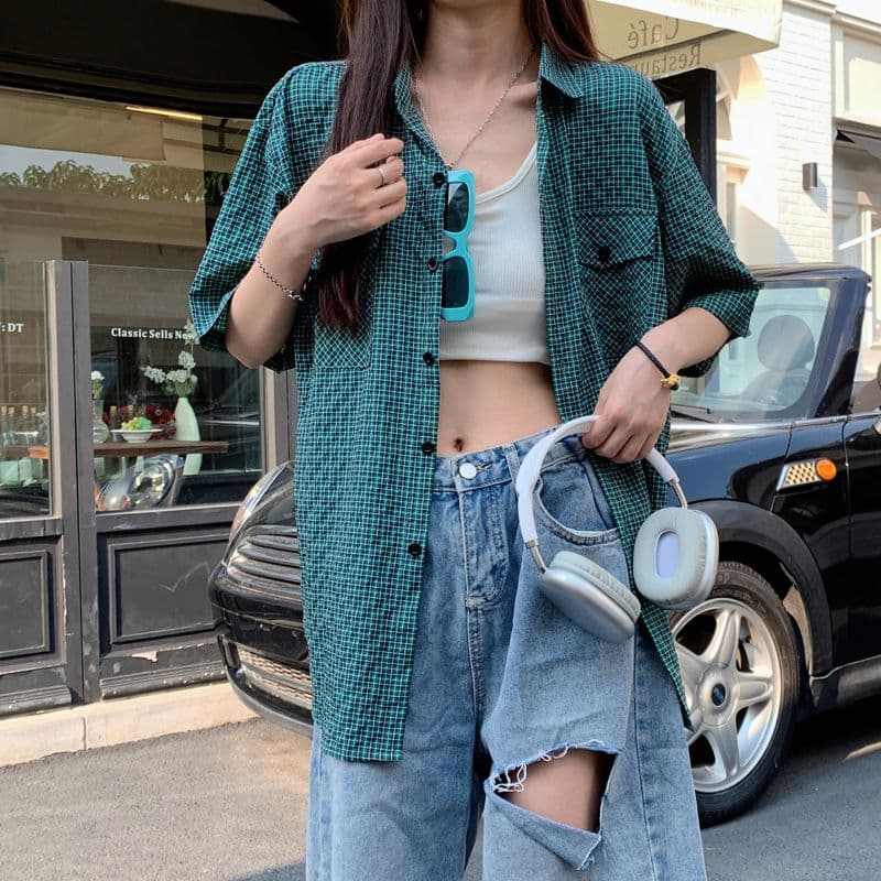 아메리칸 레트로 막대기 가방 격자 무늬 셔츠 여름 얇은 스타일 여성 루즈핏 다용도 셔츠 반팔 소년 센스 오픈 가디건 맨위 상세 이미지 6