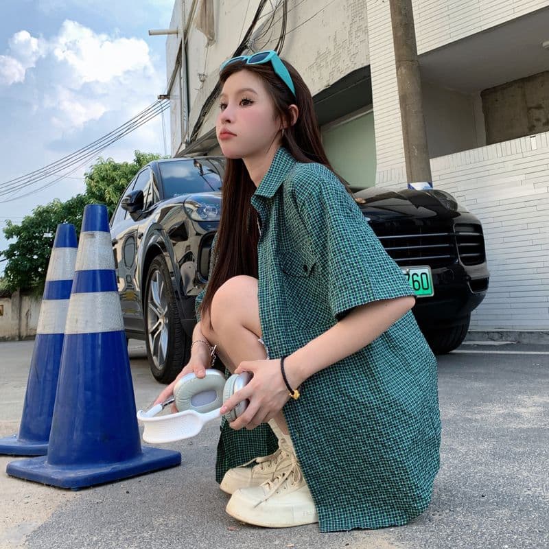 아메리칸 레트로 막대기 가방 격자 무늬 셔츠 여름 얇은 스타일 여성 루즈핏 다용도 셔츠 반팔 소년 센스 오픈 가디건 맨위 상세 이미지 7
