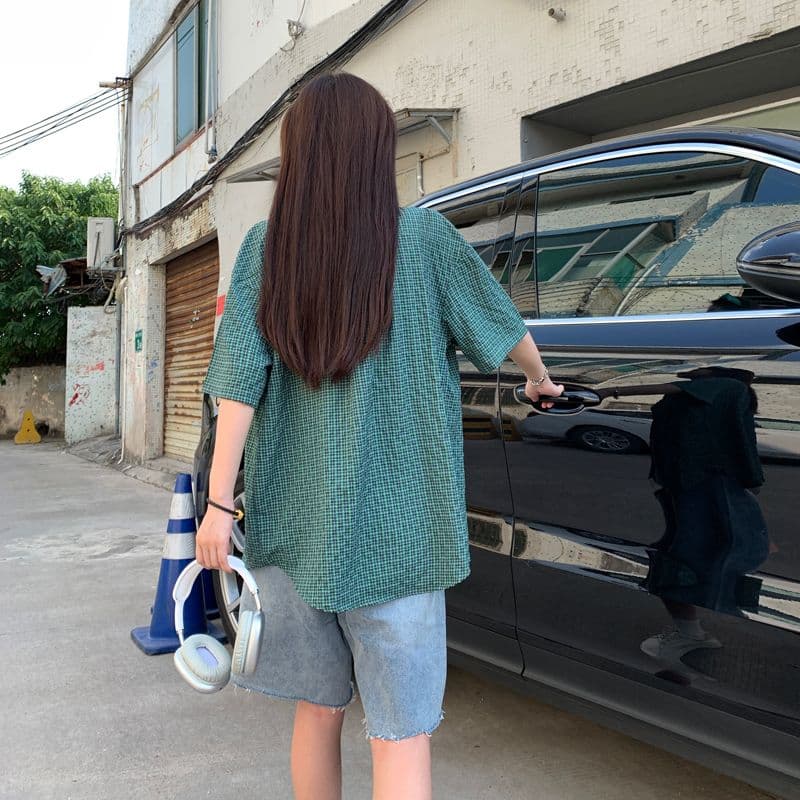 아메리칸 레트로 막대기 가방 격자 무늬 셔츠 여름 얇은 스타일 여성 루즈핏 다용도 셔츠 반팔 소년 센스 오픈 가디건 맨위 상세 이미지 8