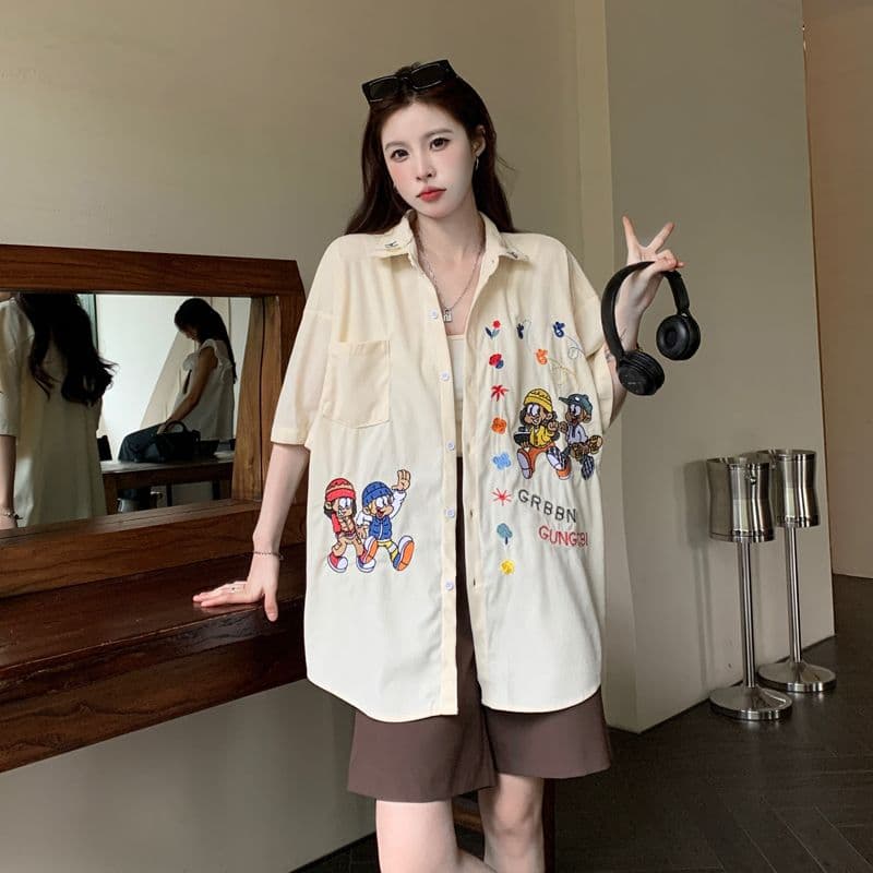 아메리칸 레트로 무거운 작업 자수 코듀로이 반팔 셔츠 여름 커플 루즈핏 느긋한 바람 캐주얼 셔츠 오픈 가디건 이미지 3