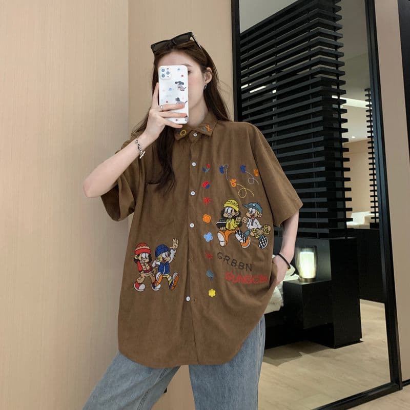 아메리칸 레트로 무거운 작업 자수 코듀로이 반팔 셔츠 여름 커플 루즈핏 느긋한 바람 캐주얼 셔츠 오픈 가디건 이미지 4