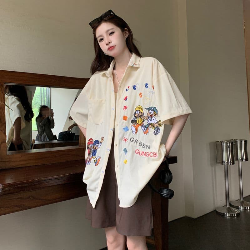 아메리칸 레트로 무거운 작업 자수 코듀로이 반팔 셔츠 여름 커플 루즈핏 느긋한 바람 캐주얼 셔츠 오픈 가디건 이미지 5