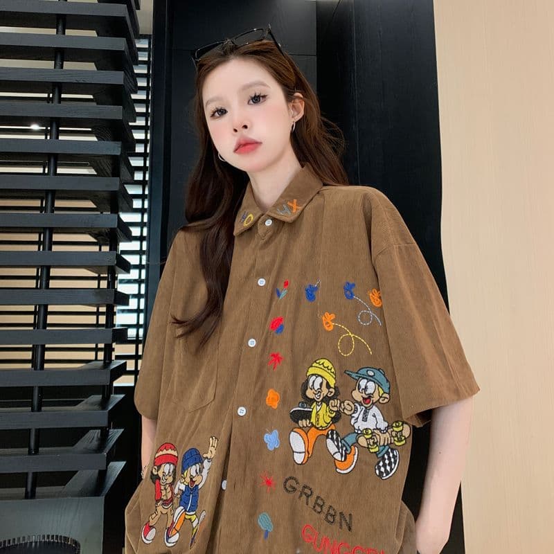 아메리칸 레트로 무거운 작업 자수 코듀로이 반팔 셔츠 여름 커플 루즈핏 느긋한 바람 캐주얼 셔츠 오픈 가디건 상세 이미지 2
