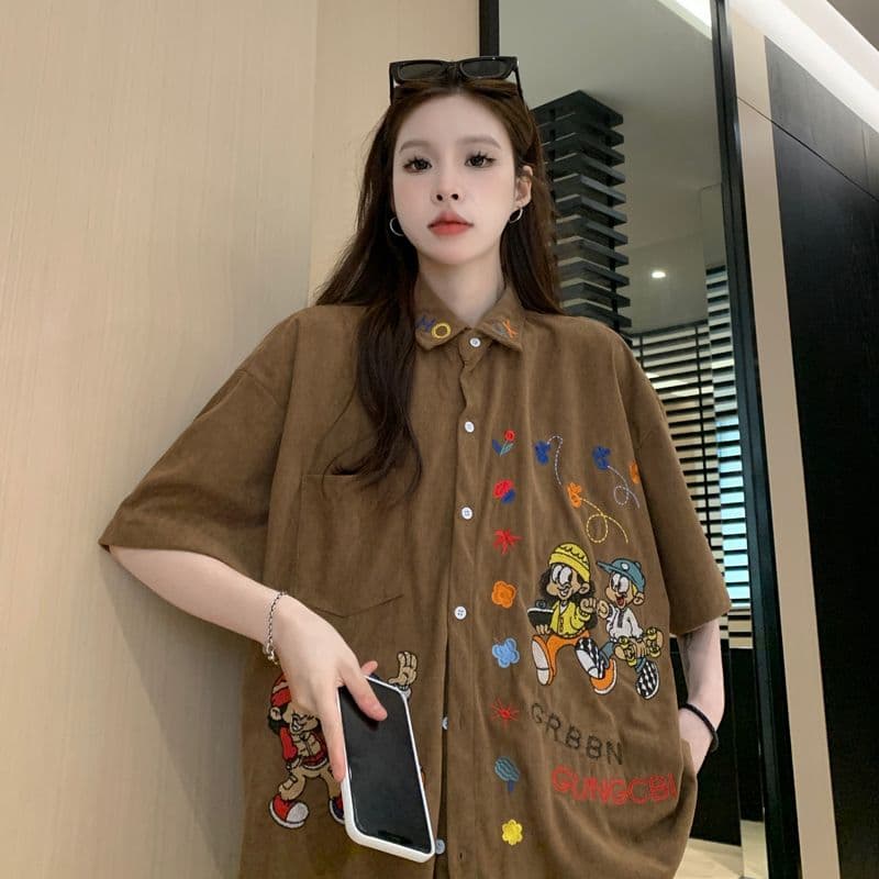 아메리칸 레트로 무거운 작업 자수 코듀로이 반팔 셔츠 여름 커플 루즈핏 느긋한 바람 캐주얼 셔츠 오픈 가디건 상세 이미지 6