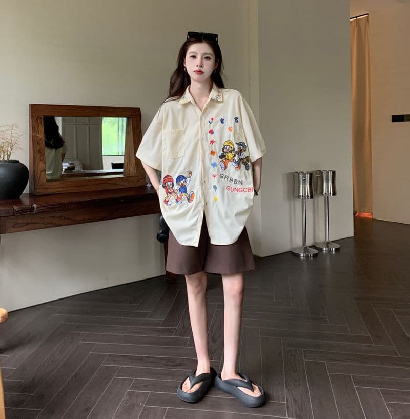 아메리칸 레트로 무거운 작업 자수 코듀로이 반팔 셔츠 여름 커플 루즈핏 느긋한 바람 캐주얼 셔츠 오픈 가디건 상세 이미지 9
