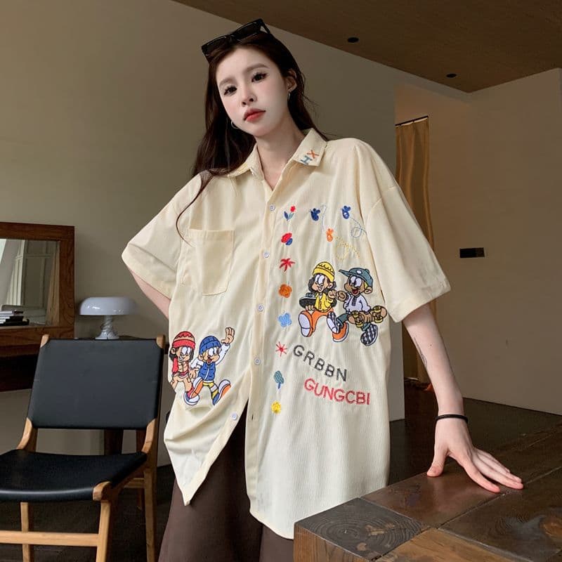 아메리칸 레트로 무거운 작업 자수 코듀로이 반팔 셔츠 여름 커플 루즈핏 느긋한 바람 캐주얼 셔츠 오픈 가디건 상세 이미지 11
