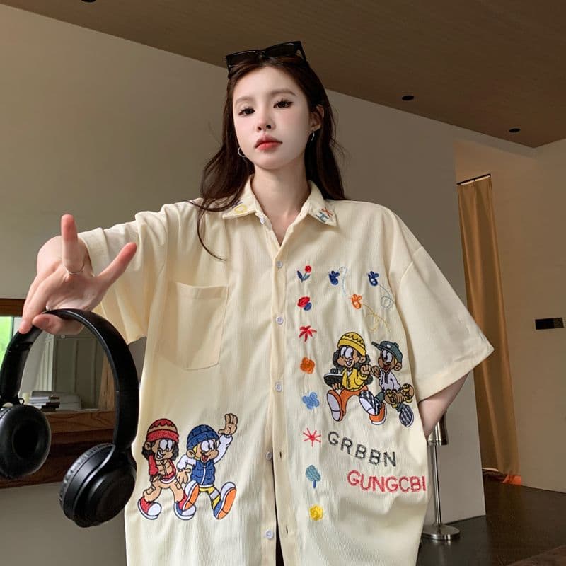아메리칸 레트로 무거운 작업 자수 코듀로이 반팔 셔츠 여름 커플 루즈핏 느긋한 바람 캐주얼 셔츠 오픈 가디건 상세 이미지 13