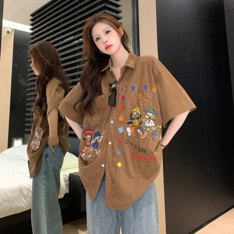 아메리칸 레트로 무거운 작업 자수 코듀로이 반팔 셔츠 여름 커플 루즈핏 느긋한 바람 캐주얼 셔츠 오픈 가디건 상세 이미지 14
