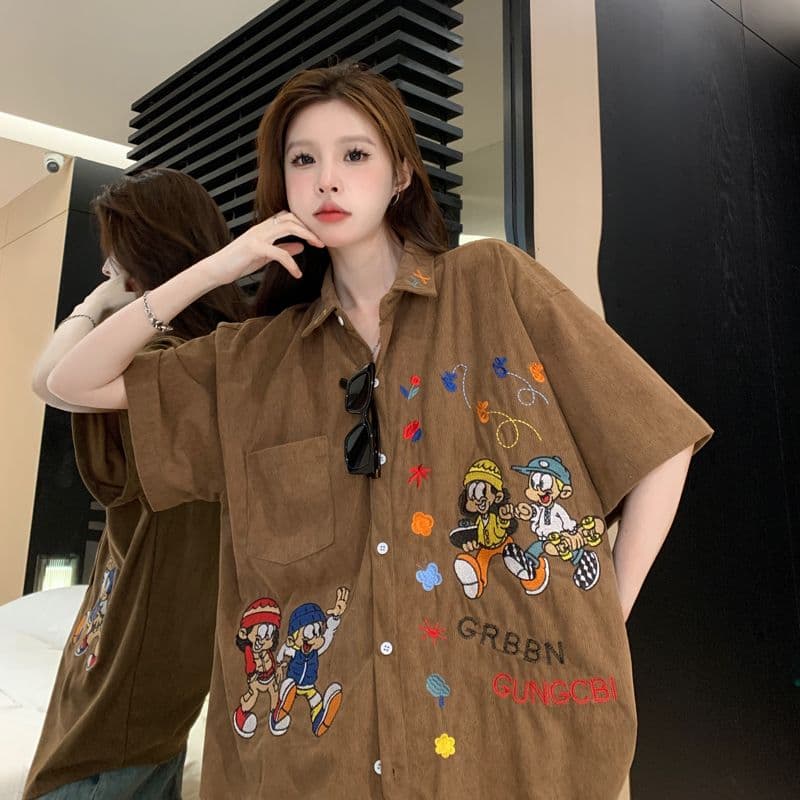 아메리칸 레트로 무거운 작업 자수 코듀로이 반팔 셔츠 여름 커플 루즈핏 느긋한 바람 캐주얼 셔츠 오픈 가디건 상세 이미지 16