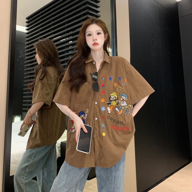 아메리칸 레트로 무거운 작업 자수 코듀로이 반팔 셔츠 여름 커플 루즈핏 느긋한 바람 캐주얼 셔츠 오픈 가디건 상세 이미지 17