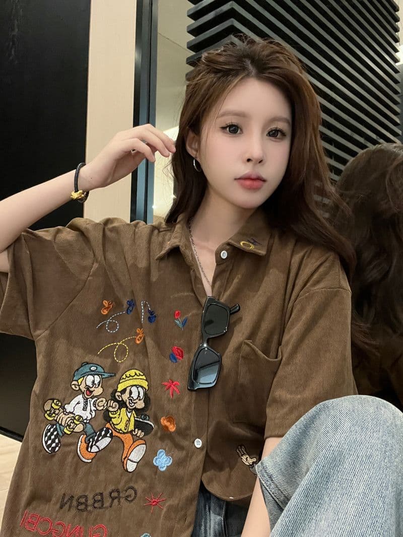 아메리칸 레트로 무거운 작업 자수 코듀로이 반팔 셔츠 여름 커플 루즈핏 느긋한 바람 캐주얼 셔츠 오픈 가디건 상세 이미지 18