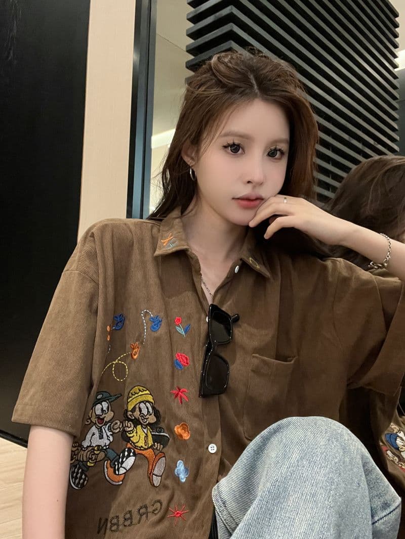 아메리칸 레트로 무거운 작업 자수 코듀로이 반팔 셔츠 여름 커플 루즈핏 느긋한 바람 캐주얼 셔츠 오픈 가디건 상세 이미지 19