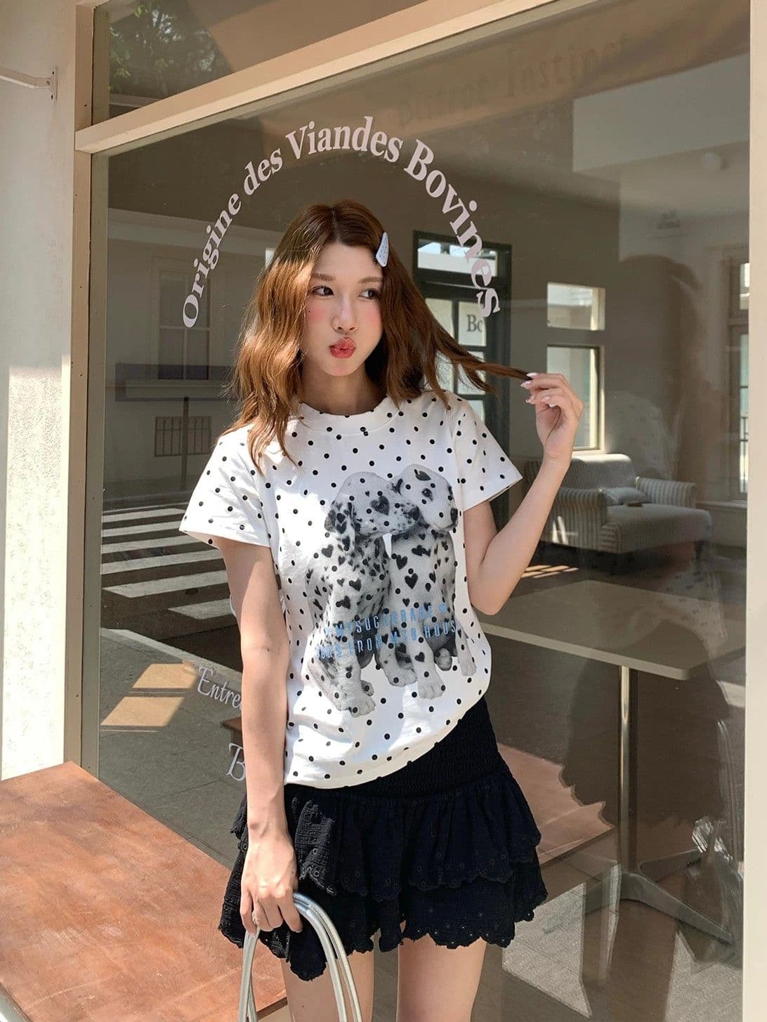 긍정적 인 어깨 아메리칸 레트로 도트 무늬 강아지 달콤한 핫걸 반팔 티셔츠 여성 여름 몸매 가꾸기 슬림해 보이는 다용도 쇼트 스타일 맨위 상세 이미지 2