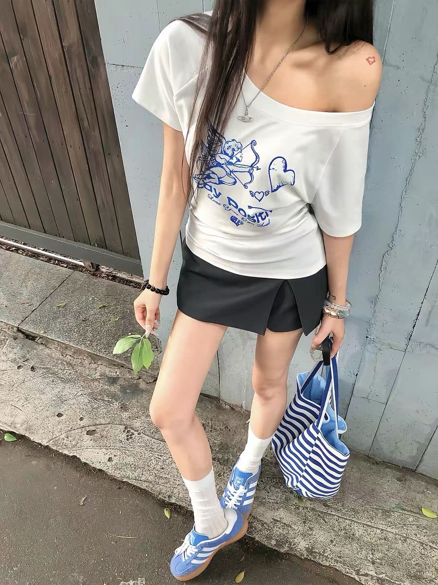 220 그램 92 면 8 암모니아 Lun 아메리칸 핫걸 비스듬한 어깨 알파벳 프린트 반팔 티셔츠 여성 상세 이미지 2