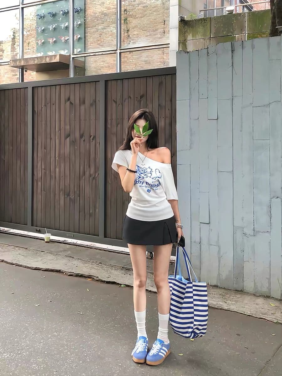 220 그램 92 면 8 암모니아 Lun 아메리칸 핫걸 비스듬한 어깨 알파벳 프린트 반팔 티셔츠 여성 상세 이미지 3