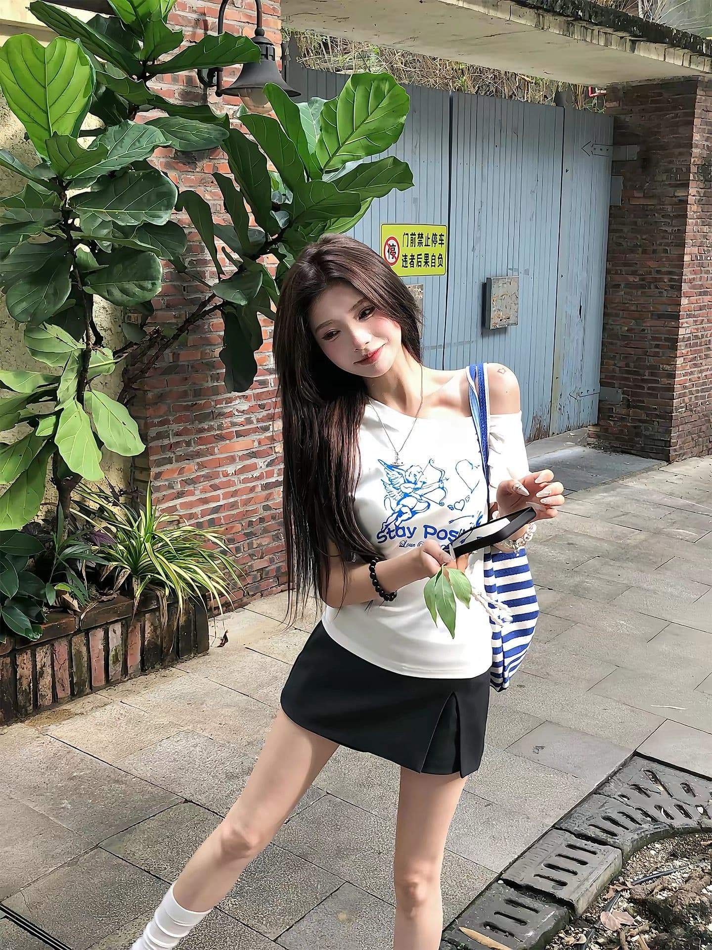 220 그램 92 면 8 암모니아 Lun 아메리칸 핫걸 비스듬한 어깨 알파벳 프린트 반팔 티셔츠 여성 상세 이미지 5