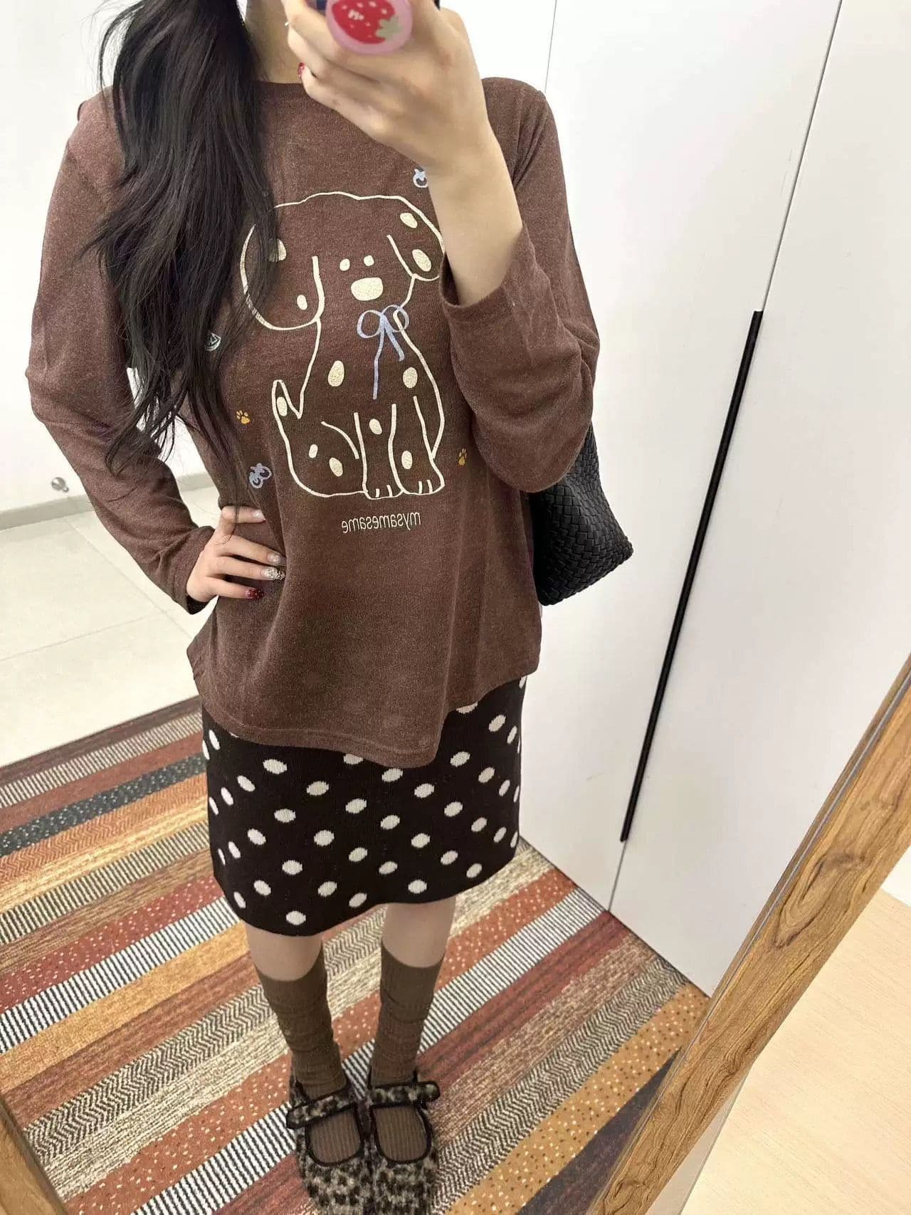 멩 이자 달마 시안 프린트 라운드 넥 긴팔 블라우스 루즈핏 느긋한 캐주얼 얇은 스타일 티셔츠 봄 소녀 이미지 2