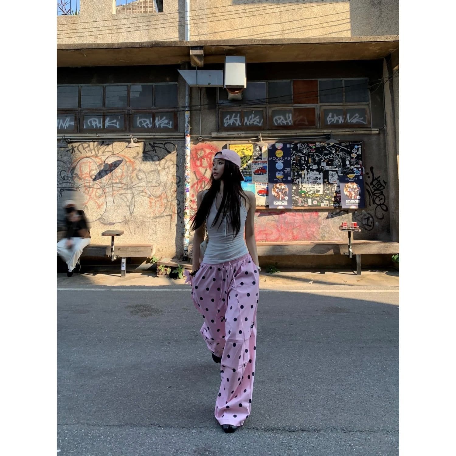 원본 품질 디자인 센스 도파민 도트 무늬 와이드 레깅스 바지 새로운 루즈핏 캐주얼 바지 하이웨이스트 야외 바지 이미지 2