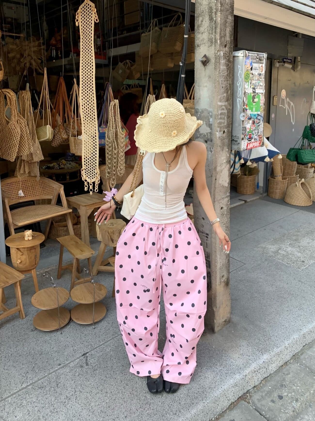 원본 품질 디자인 센스 도파민 도트 무늬 와이드 레깅스 바지 새로운 루즈핏 캐주얼 바지 하이웨이스트 야외 바지 상세 이미지 21