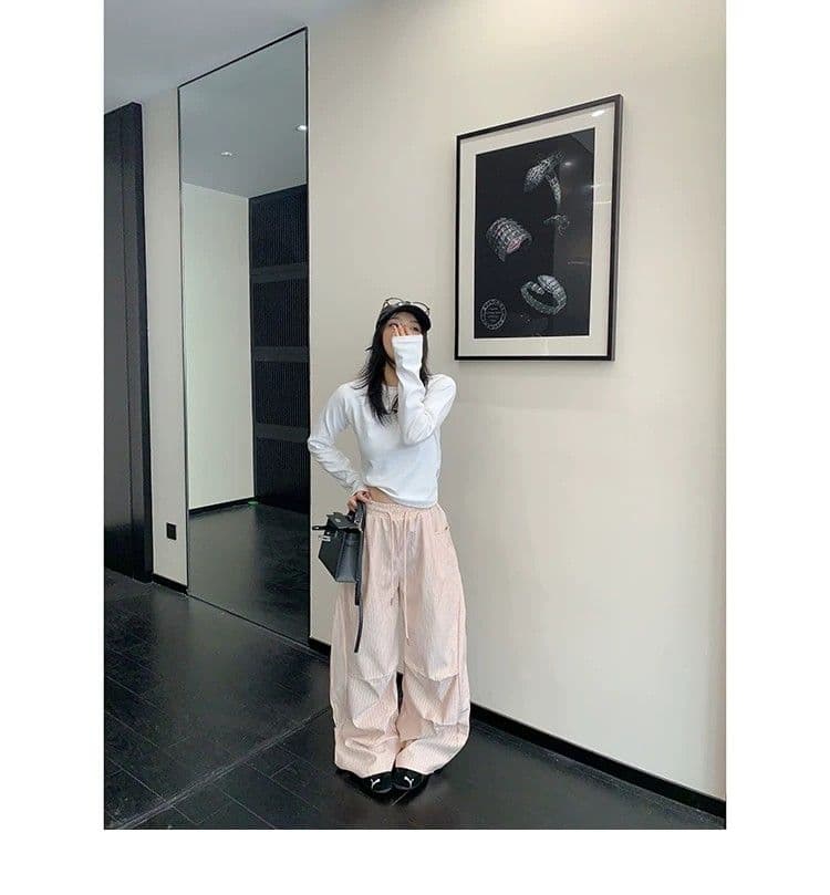 원본 품질 복합 도파민 스트라이프 캐주얼 바지 여성 아메리칸 레트로 주름 다용도 낙하산 병 워크웨어 바지 상세 이미지 26