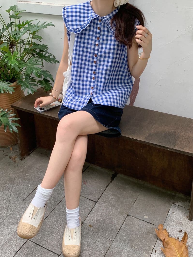 파란색 체크무늬 프릴 칼라 민소매 여성 셔츠 2026 년 새로운 작은 대중 연령 감소 Chic 베이비 칼라 조끼 맨위 상세 이미지 2