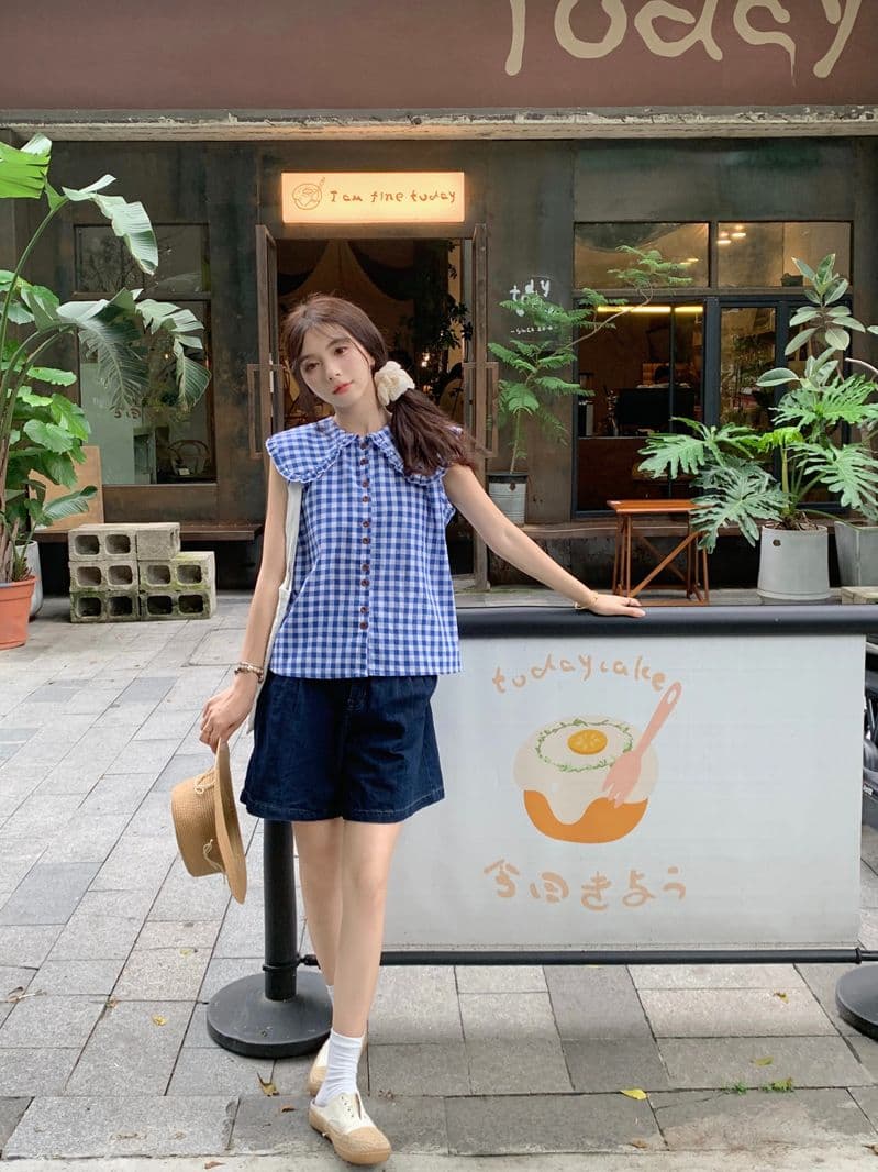 파란색 체크무늬 프릴 칼라 민소매 여성 셔츠 2026 년 새로운 작은 대중 연령 감소 Chic 베이비 칼라 조끼 맨위 상세 이미지 13