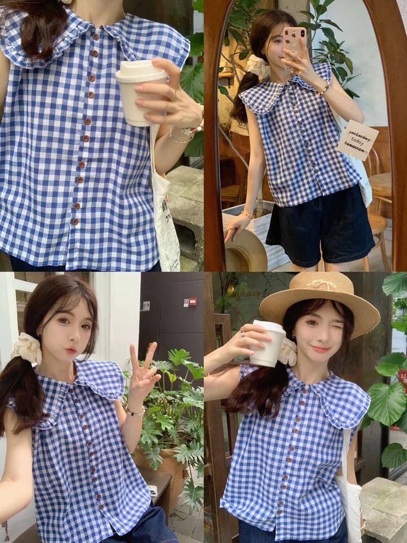 파란색 체크무늬 프릴 칼라 민소매 여성 셔츠 2026 년 새로운 작은 대중 연령 감소 Chic 베이비 칼라 조끼 맨위 상세 이미지 19
