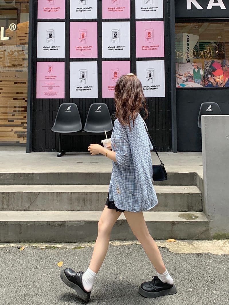 학원 스타일 레트로 프린트 격자 무늬 셔츠 여성용 짧은 소매 2026 여름 다용도 캐주얼 디자인 센스 POLO 칼라 맨위 상세 이미지 14