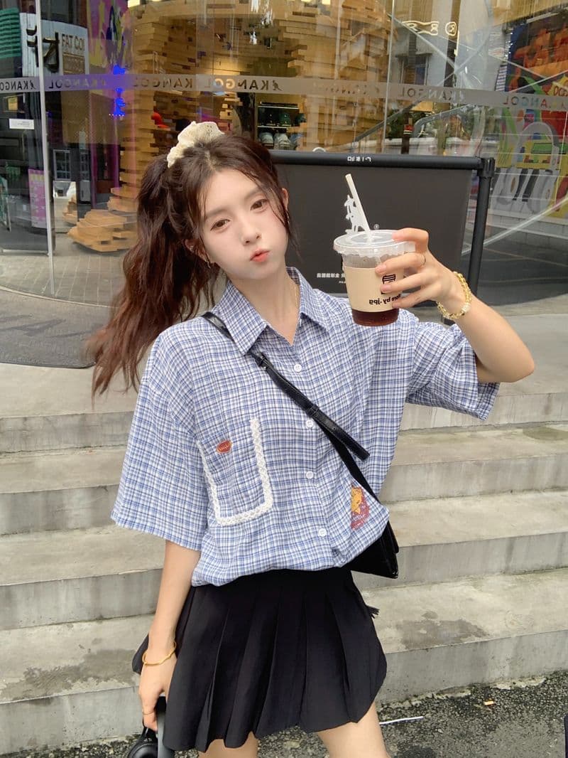 학원 스타일 레트로 프린트 격자 무늬 셔츠 여성용 짧은 소매 2026 여름 다용도 캐주얼 디자인 센스 POLO 칼라 맨위 상세 이미지 15