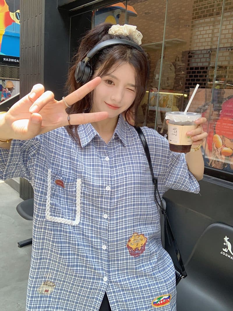 학원 스타일 레트로 프린트 격자 무늬 셔츠 여성용 짧은 소매 2026 여름 다용도 캐주얼 디자인 센스 POLO 칼라 맨위 상세 이미지 16